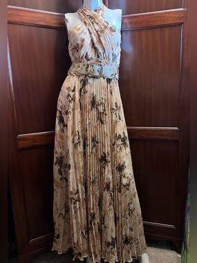 Elegant Beige & Brown Floral Pleated Halter Maxi Dress